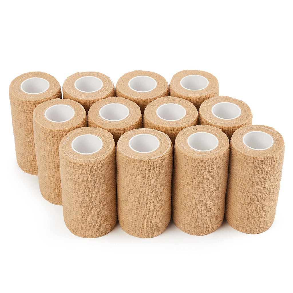 Cohesive Bandages Tape 10cm x 4.5m, 12 Rolls Self Adhesive Bandages, Pet Vet Wrap for First Aid, Sports, Horses, Dogs (Beige) - PawsPlanet Australia