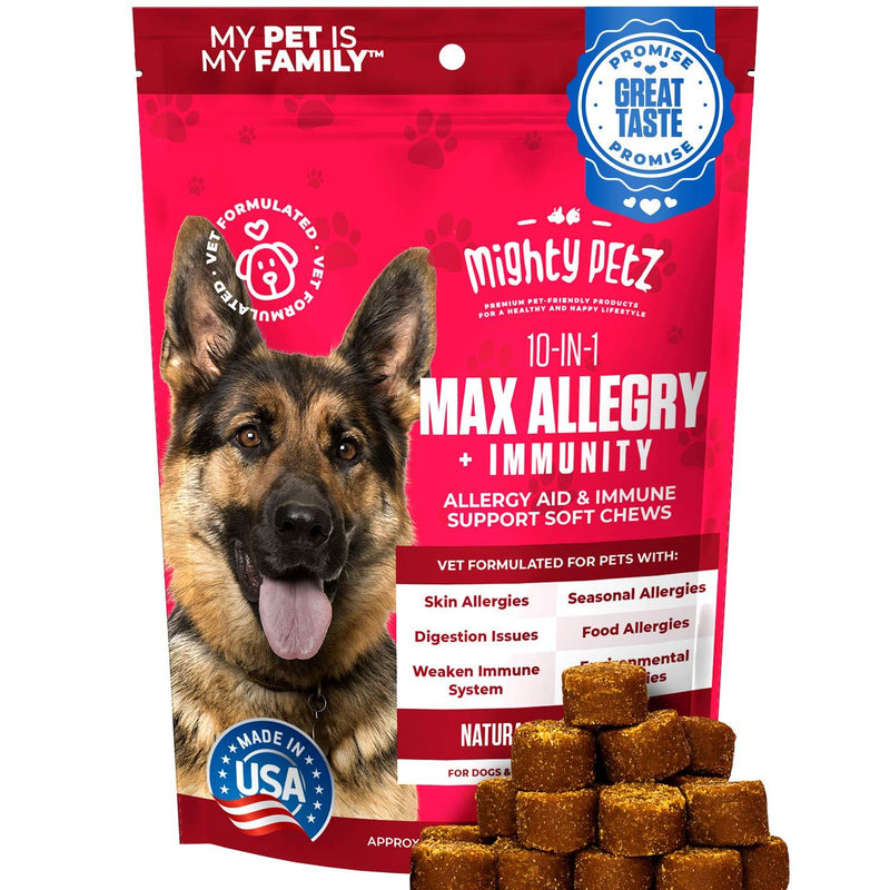 MAX Dog Allergy Relief - Itch Free Skin - Immune Supplement with Omega 3 Fish Oil + Probiotics + Colostrum. Hot Spots + Seasonal Allergies + Digestive Support. Vet formulated 120 Chews for Dogs & Cats - PawsPlanet Australia