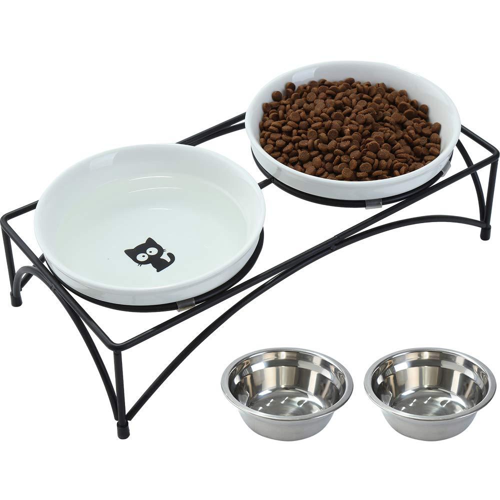 FOREYY Elevated Cat Bowls with 2 Ceramic Bowls and 2 Stainless Steel Bowls,Raised Cat Food Water Bowl with Iron Stand,Porcelain Pet Dishes for Cats and Small Dogs,16 Ounces,Dishwasher Safe - PawsPlanet Australia