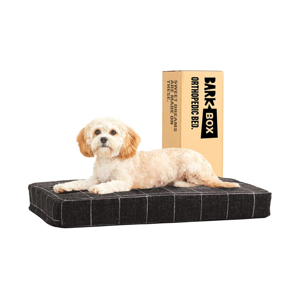 Barkbox Memory Foam Platform Dog Bed, Plush Mattress for Orthopedic Joint Relief, Machine Washable Cuddler with Removable Cover and Water-Resistant Lining, Includes Squeaker Toy Small Black Plaid - PawsPlanet Australia