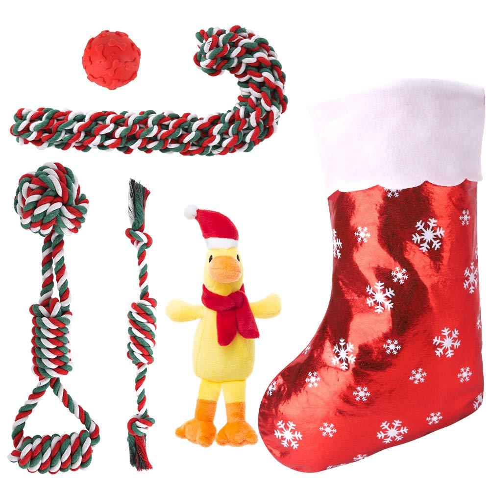 5 Pack Christmas Dog Rope Toys with Stocking - Interactive Rope Toys, Soft Plush Duck Squeak Toy, Red Durable Chew Ball with Bone Design - PawsPlanet Australia