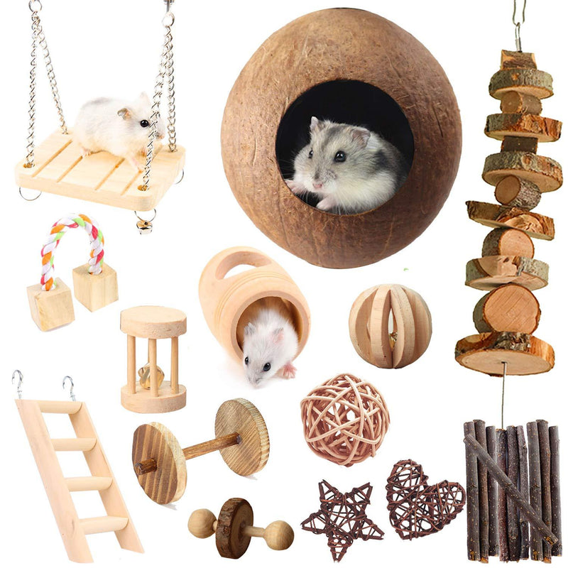 Mynest Hamster Chew Toys, 23pcs Natural Wooden Pine Rats Toys Accessories, Coconut Shell, Tube, Swing, Ladder, Dumbells Exercise Bell Roller Teeth Care Molar Toy NATURE - PawsPlanet Australia