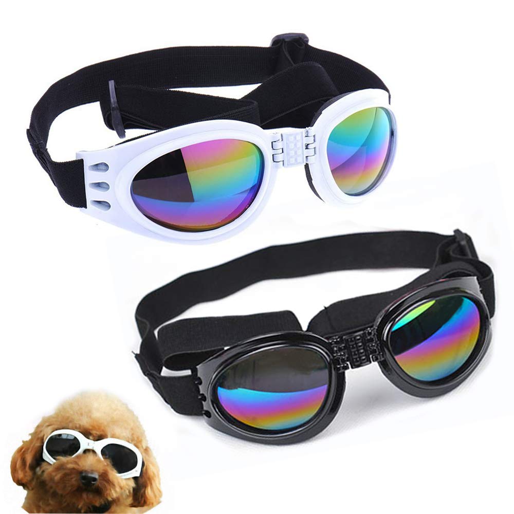 NA/ 2 Pcs Dog Goggles, Adjustable Strap Dog Goggles Eye wear Protection for Travel Skiing, UV Protection Waterproof Sunglasses for Dog Black, White - PawsPlanet Australia