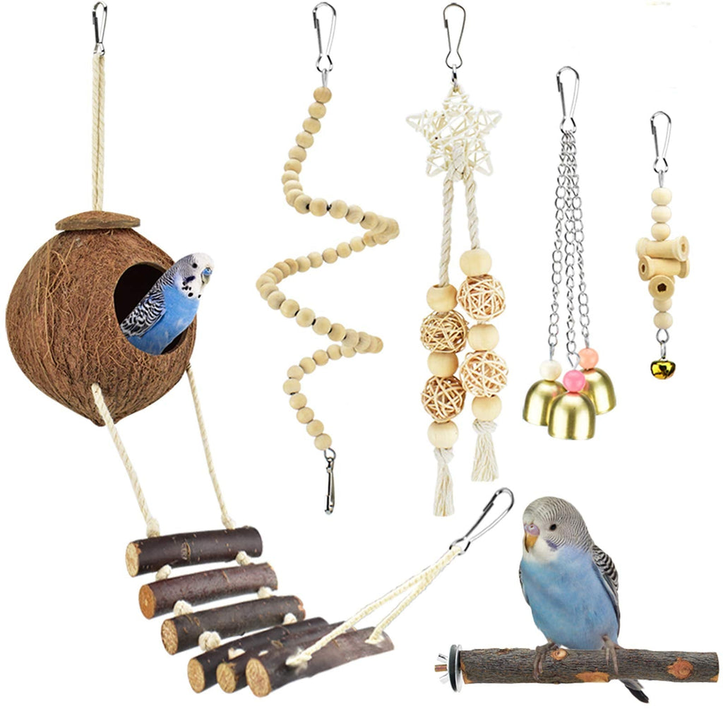 KATUMO Bird Toys, Natural Wood Coconut Bird House with Ladder Hanging Swing Pet Climbing Rotated Ladder Chewing Bells Bird Toys for Parakeet, Conure, Cockatiel, Mynah, Love Birds, Finch - PawsPlanet Australia