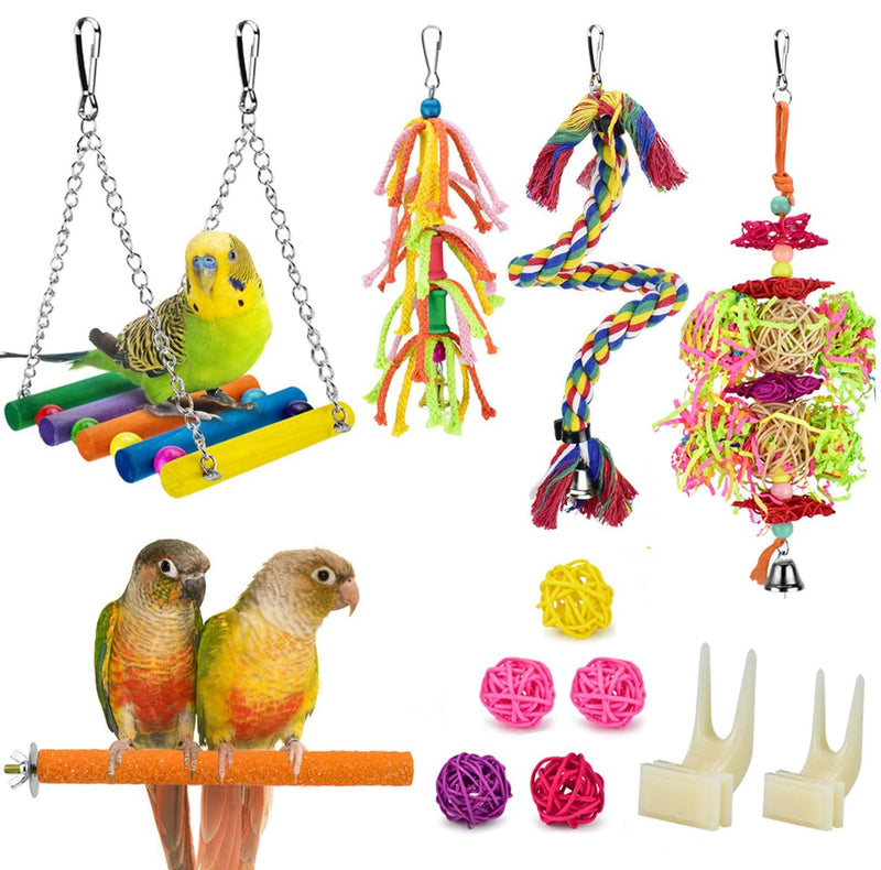 [Australia] - KATUMO 12 Pcs Parrot Toys, Colorful Swing Chewing Hanging Toys Rattan Balls Bird Perch Stand Fruit Forks Climbing Rope Toys for Parakeet, Conure, Cockatiel, Mynah, Love Birds, Finch, Small Pet Birds 