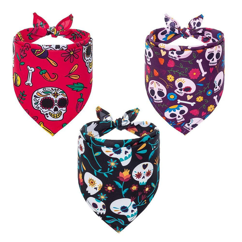 BINGPET Halloween Dog Bandanas - 3 Pack Fashionable Soft Triangle Bibs Scarf with Skull Pattern, Pet Outfit Kerchiefs Accessories for Small to Large Dogs Cats, Purple Red Black - PawsPlanet Australia