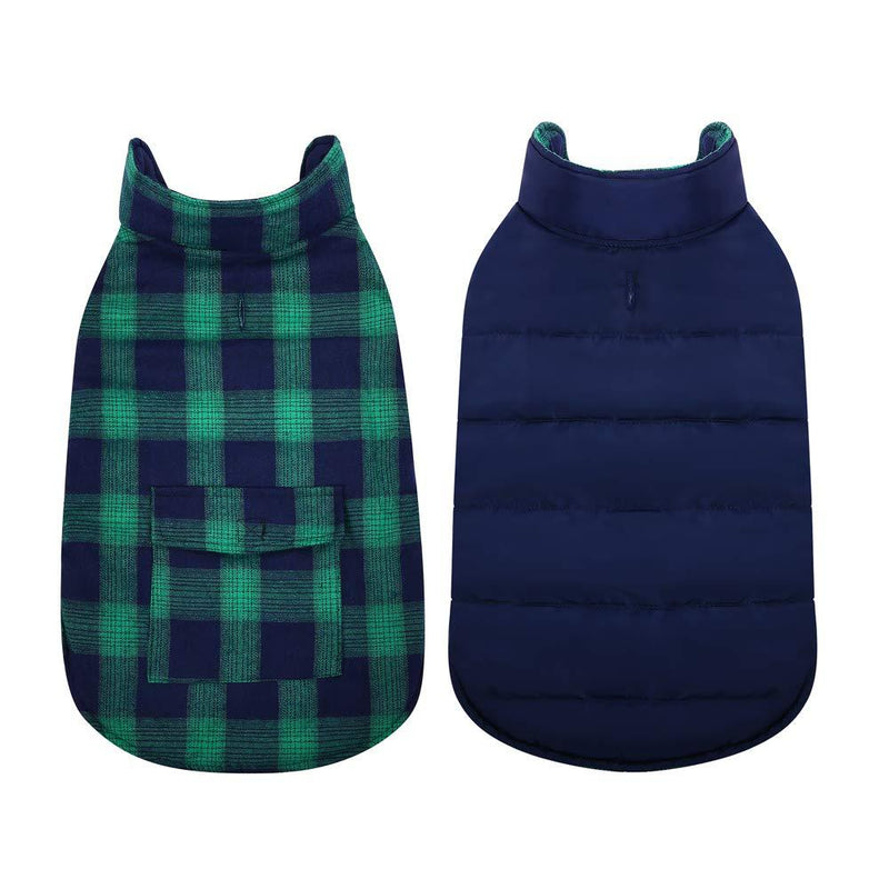 Kuoser British Style Plaid Dog Winter Coat, Windproof Water Repellent Cozy Cold Weather Dog Coat Fleece Lining Dog Apparel Dog Jacket Dog Vest for Small Medium and Large Dogs with Pocket XS-3XL X-Small Green - PawsPlanet Australia