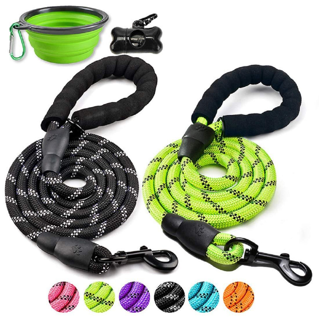 DOYOO 2 Pack Dog Leash 6 FT Thick Durable Nylon Rope - Comfortable Padded Handle Reflective Rope Dog Leash for Medium Large Dogs with Collapsible Pet Bowl and Garbage Bags Black + Green - PawsPlanet Australia