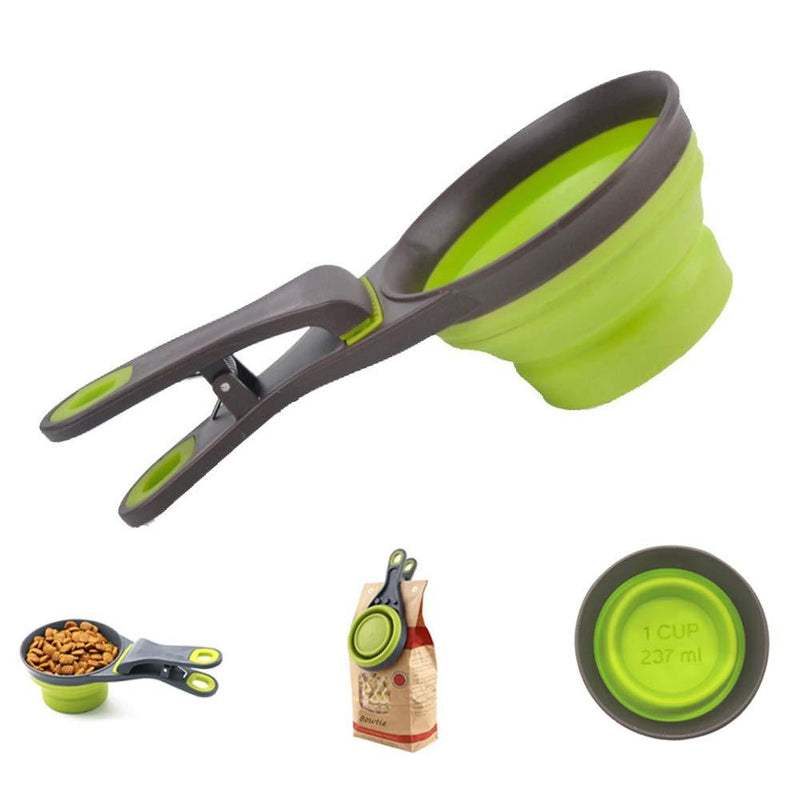 [Australia] - PGFUN Pet Food Scoop, Collapsible Silicone Measuring Cup, 3 in 1 Klip Scoop for Cat Dog Food 1 CUP Green 