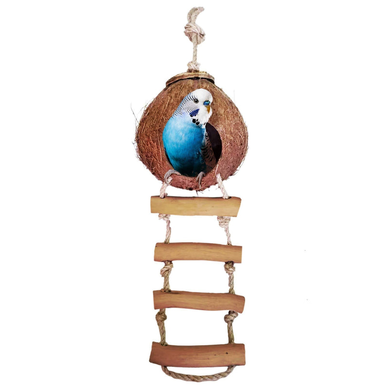 Meric Bird House with Ladder, Coco Texture Encourage Foot and Beak Exercise, Mini Condo for Avians, 100% Raw Coconut Husk - Durable Habitat with Hanging Loop Nesting Home and Bird Feeder - PawsPlanet Australia