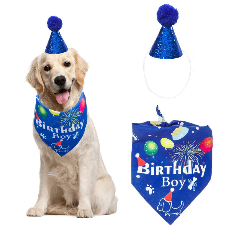 ADOGGYGO Dog Birthday Bandana Hat Set Dog Puppy Birthday Party Supply Dog Bandana Boy Girl Puppy Birthday Hat Scarf for Small Medium Dog Pet Blue Scarf & Hat - PawsPlanet Australia