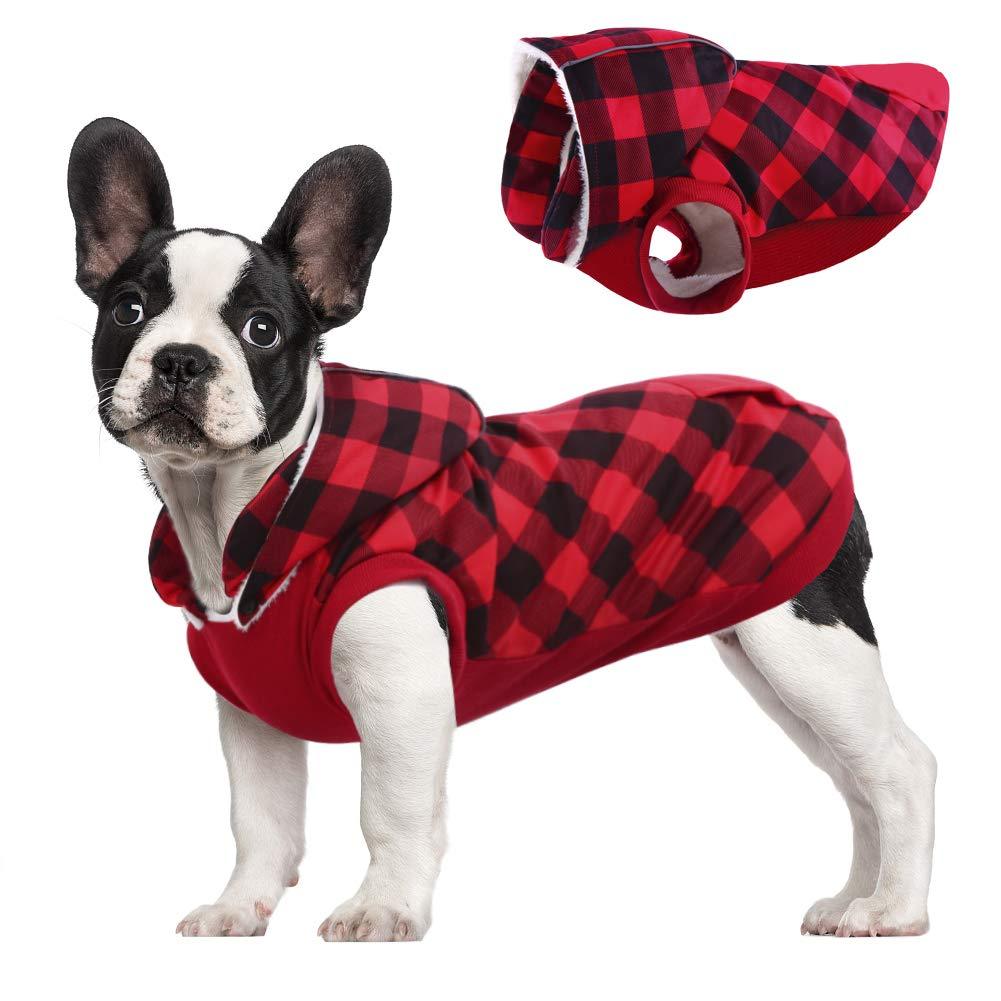 Kuoser British Style Plaid Dog Winter Coat, Windproof Cozy Cold Weather Dog Coat Fleece Lining Dog Apparel Reflective Dog Jacket Dog Vest for Small Medium Dogs with Removable Hat（XXS-L） XXS(Chest:12.2",Body: 8.7") Red - PawsPlanet Australia