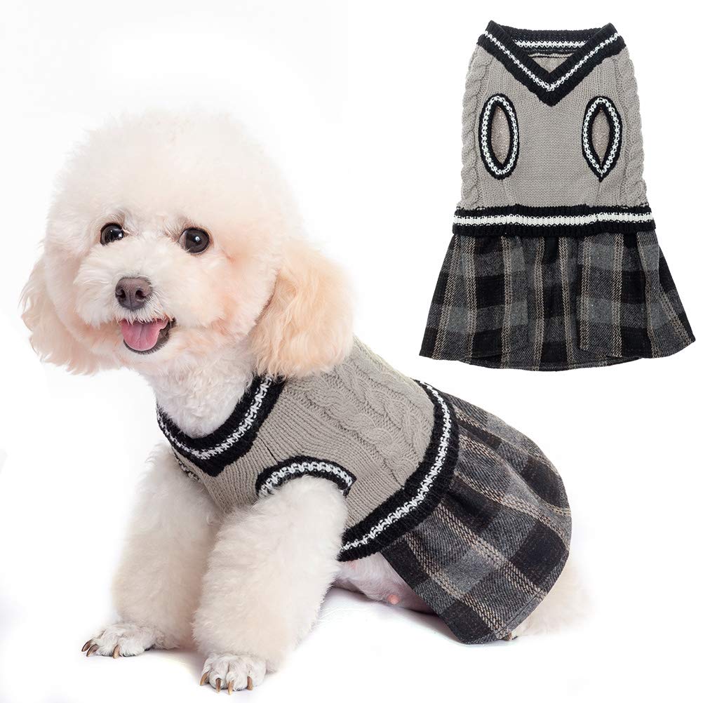 BINGPET Cute Dog Sweater Dress - Warm Pullover Puppy Cat Knit Clothes with Classic Plaid Pattern for Fall Winter X-Small Grey - PawsPlanet Australia