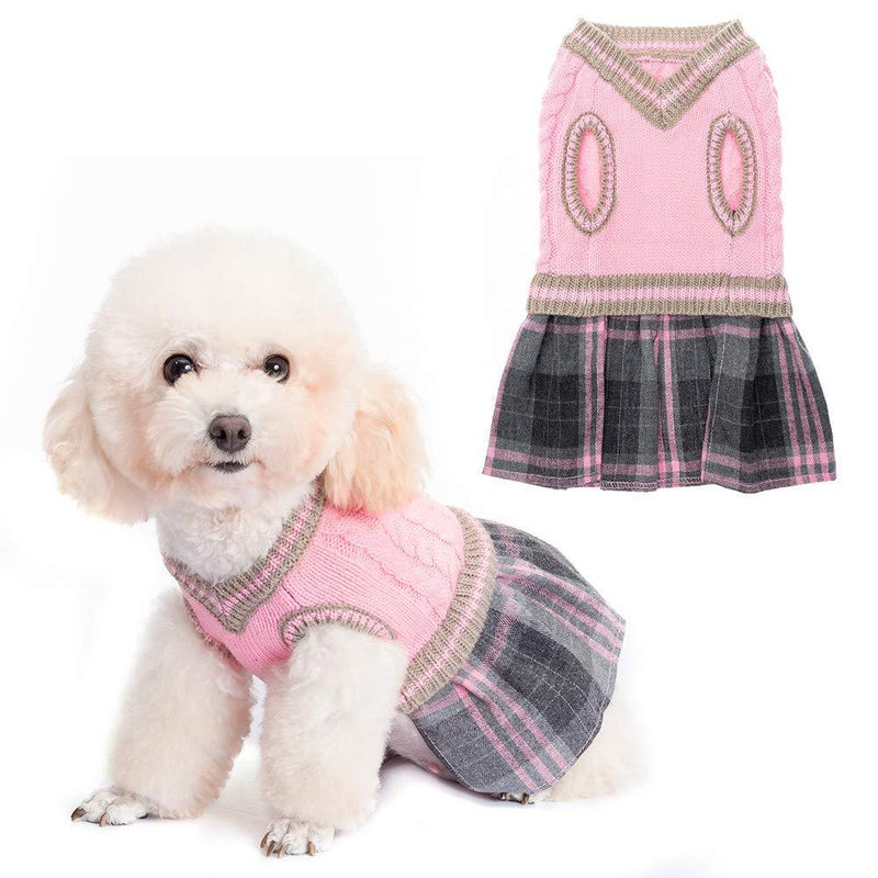 BINGPET Cute Dog Sweater Dress - Warm Pullover Puppy Cat Knit Clothes with Classic Plaid Pattern for Fall Winter X-Small Pink - PawsPlanet Australia