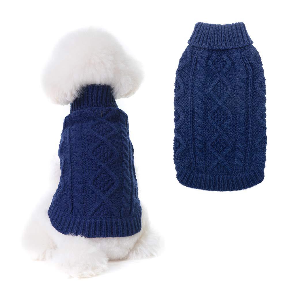 Turtleneck Knitted Dog Sweater - Classic Cable Knit Dog Jumper Coat, Warm Pet Winter Clothes Outfits for Dogs Cats in Cold Season Small Navy Blue - PawsPlanet Australia