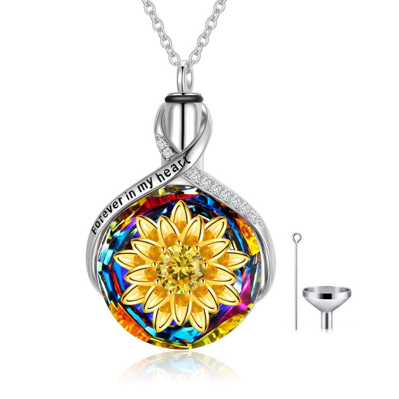 TOUPOP s925 Sterling Silver Urn Necklace Keepsake Ashes Memoorial Locket with Crystal Cremation Jewelry w/Funnel Filler,Engraved'Forever in My heart'on The Pendant A-Sunflower Urn Necklace - PawsPlanet Australia