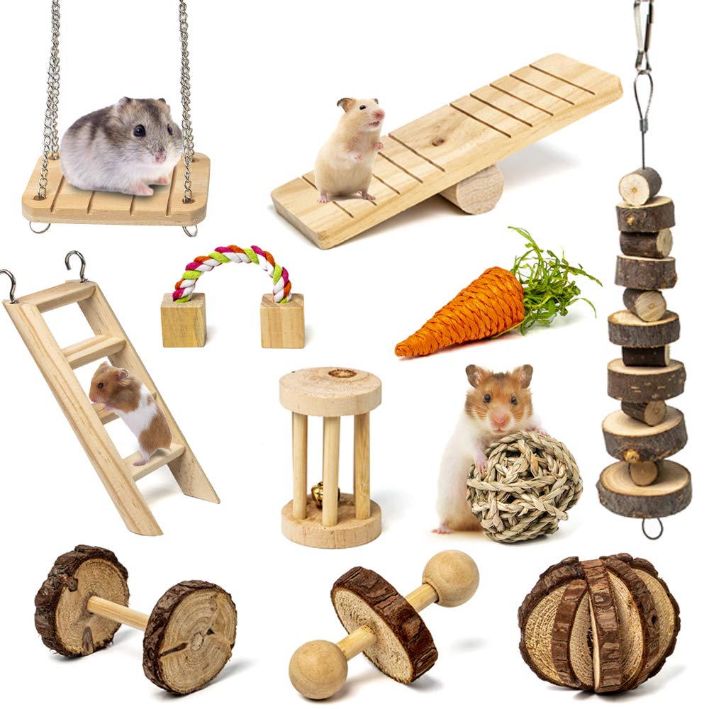 Sofier Hamster Chew Toys Set 11 Pack Natural Wooden Hamster Toys and Accessories for Cage Guinea Pig Chew Toys for Teeth Small Animal Toys Syrian Hamster Rats Chinchillas Gerbils Hamster Swing Seesaw - PawsPlanet Australia