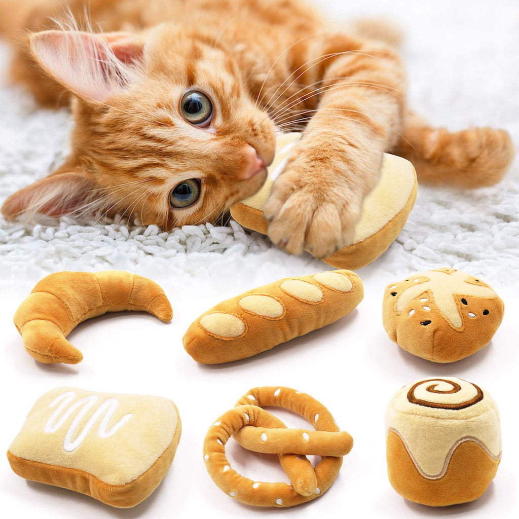 Bread Catnip Toys Kitten Interactive Toys for Cat Lover Gifts Kitty Chew Bite Kick Toys Supplies Baguette Croissant Pretzel Toast Bun Cinnamon Roll Plush Catmint Pet Presents Set of 6 - PawsPlanet Australia