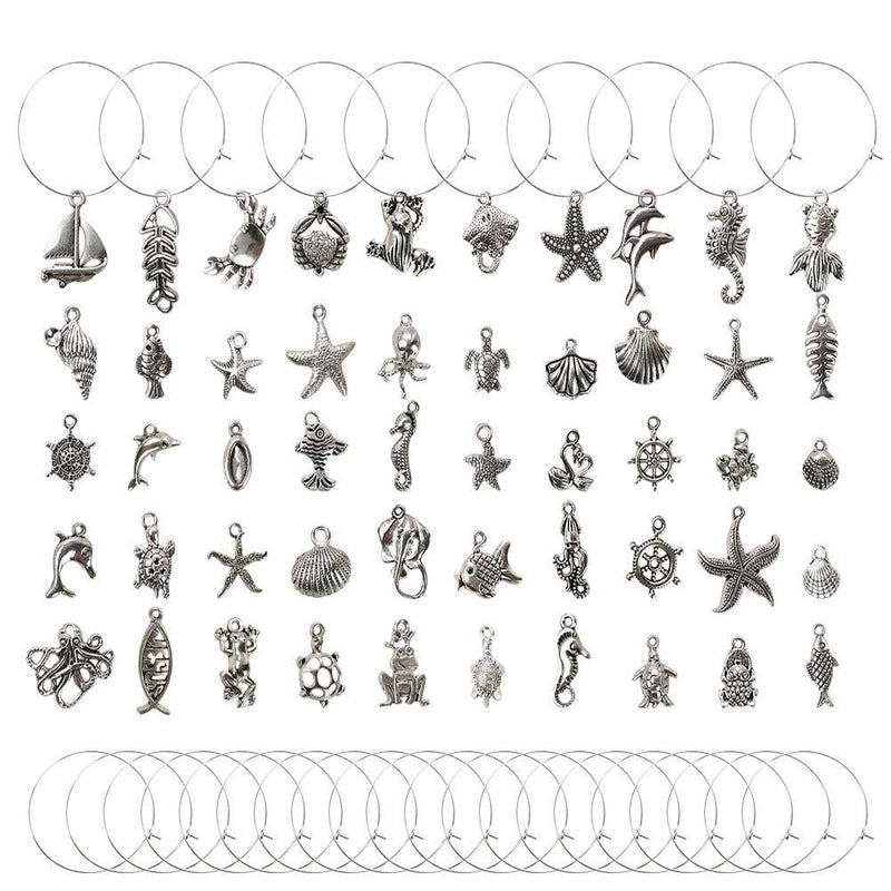 Hamnor 50 PCS Silver Alloy Wine Glass Charms with 50 Hanging Rings and 1 Storage Box Party Wine Decoration Supplies - PawsPlanet Australia