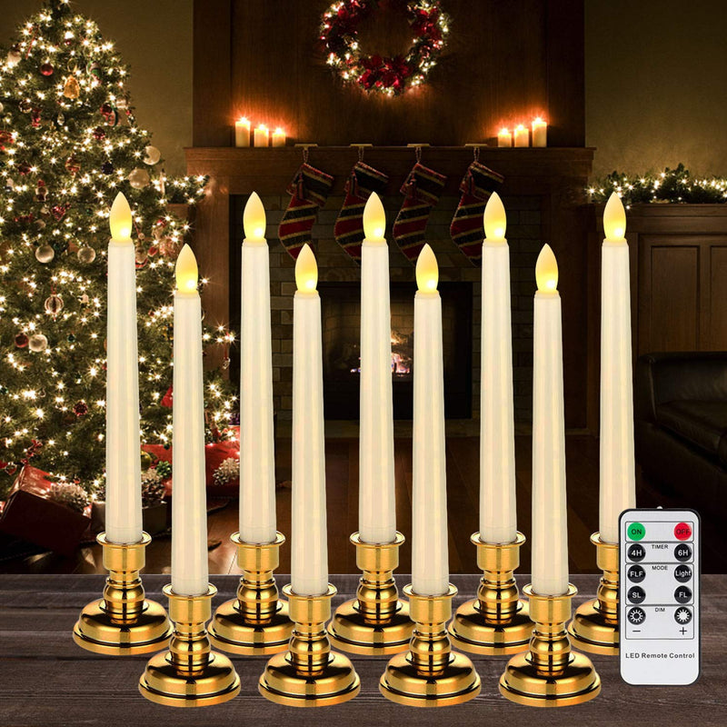 Raycare Pack of 9 LED Window Candles with Remote Timer, Flameless Taper Candles Battery Operated with Warm White Flickering Light, 7.9 Inches Taper Candlesticks with Holders(Batteries not Included) Gold Holder - PawsPlanet Australia