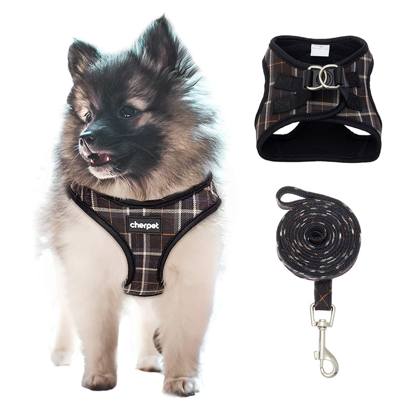 [Australia] - CHERPET Puppy Harness and Leash Set - Plaid Cute Adjustable Small Dog Fulll Body Vest Escape Proof Safety No Pull Halter Mesh Breathable Soft for Easy Walk Outdoor,Comfort Fit Kittens Small Animals S Black 