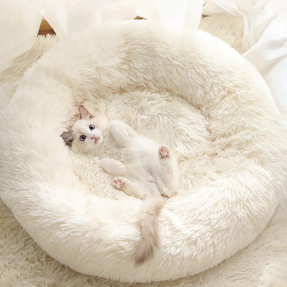 Gavenia Cat Beds for Indoor Cats Washable Donut Cat and Dog Bed,Soft Plush Pet Cushion,Waterproof Bottom Fluffy Dog and Cat Calming and Self Warming Bed for Sleep Improvement S(20''D×8''H) Beige - PawsPlanet Australia