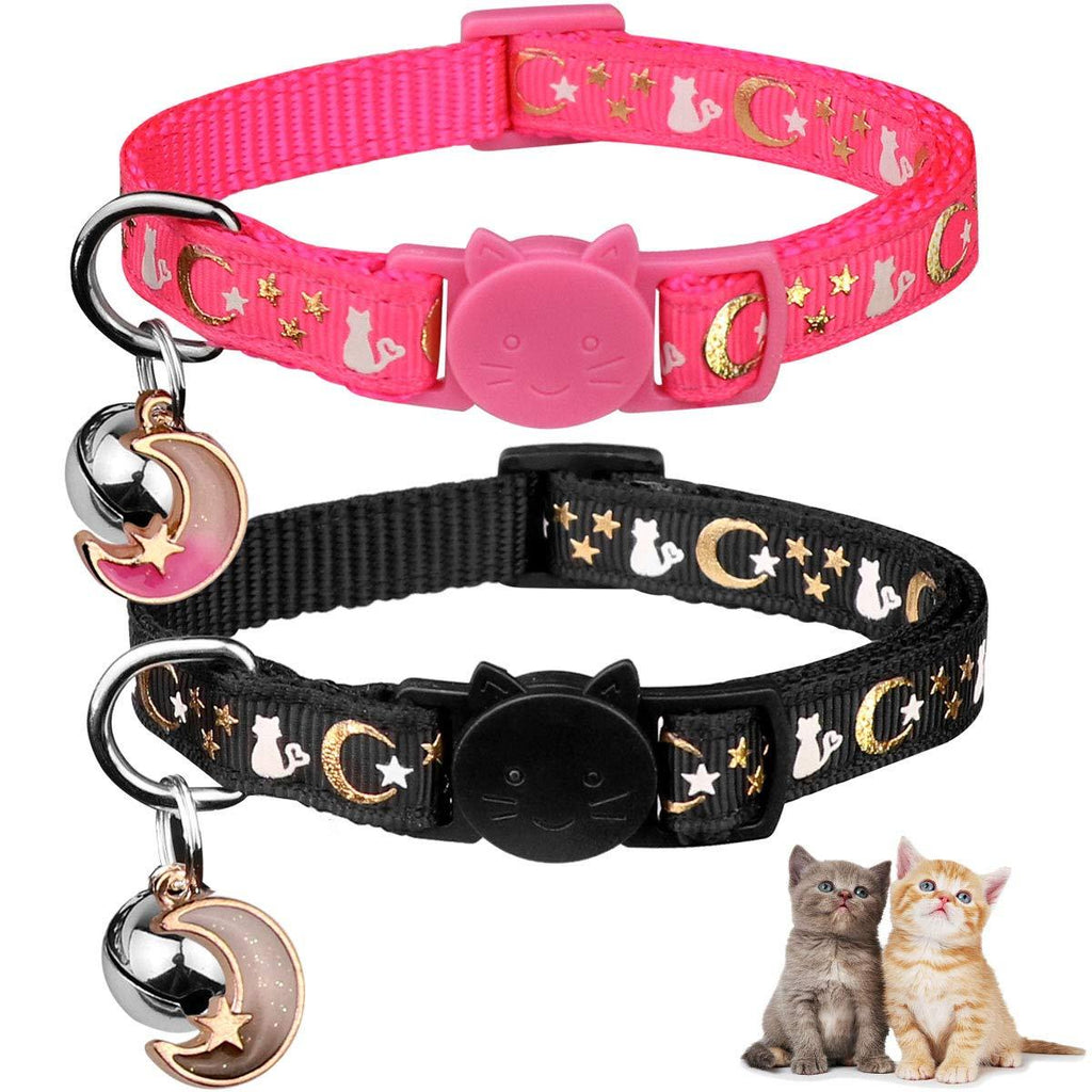 [Australia] - 2PCS Breakaway Cat Collars with Bell Moons Stars Cute Kitty Adjustable Safe Kitten Collars with Pendant Glow in The Dark Black&Pink 