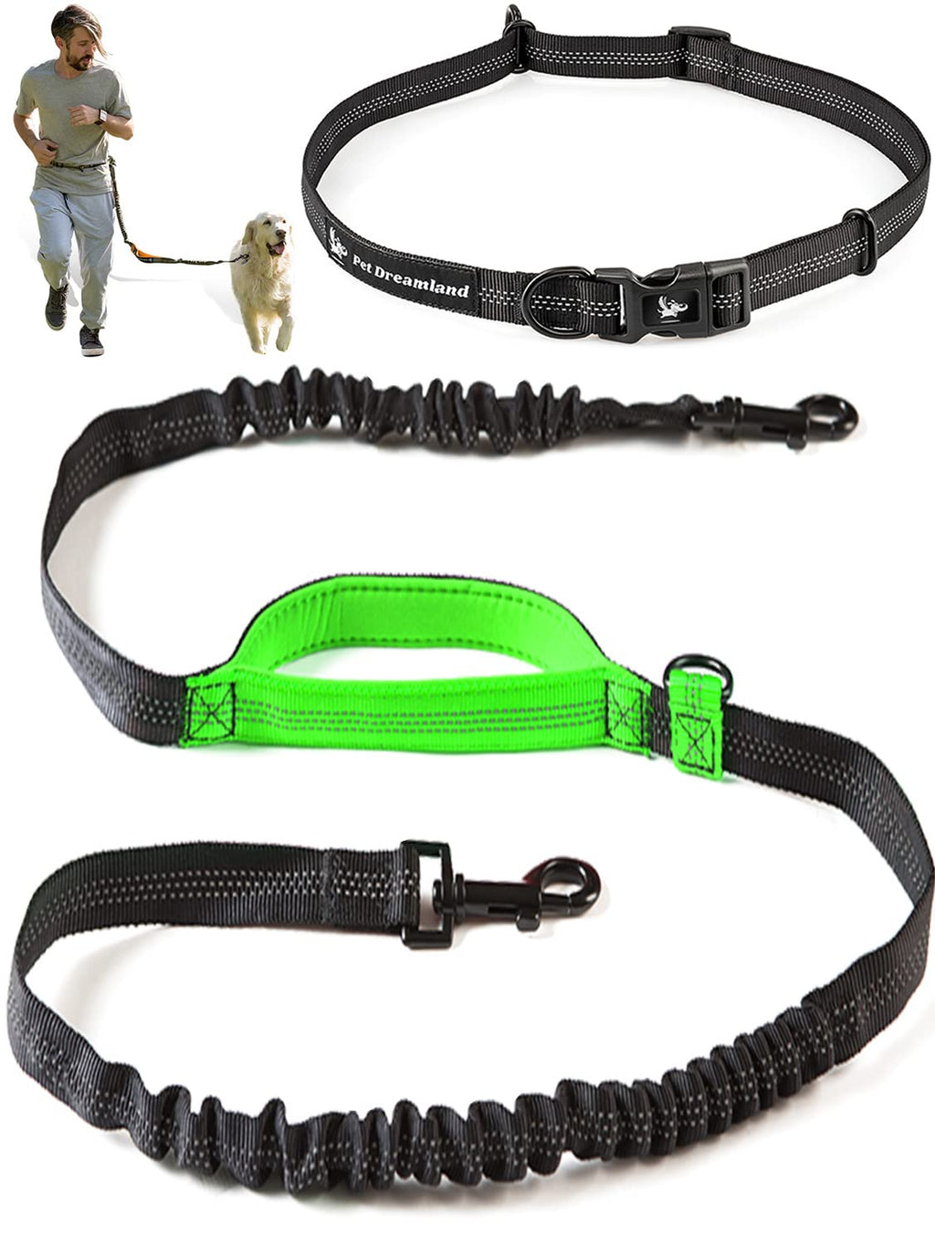 Hands Free Dog Leash for Running | Waist Leash for Walking, Hiking, Cycling and Training w. Adjustable Belt and Retractable Bungee Leash for Medium and Large Pet | Professional Lead Walker Harness Black & Green Large Dog (35-150 lbs | Short Version) - PawsPlanet Australia