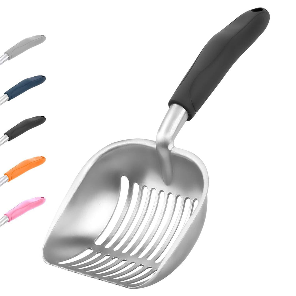 [Australia] - Puppy Love Solid Cat Litter Scoop with Silicone Handle, Aluminum Alloy Deep Cat Shovel, Large Pet Litter Scoop Metal with Mesh, Lightweight Shovel Suitable for All Kitty Litter Box L Black 