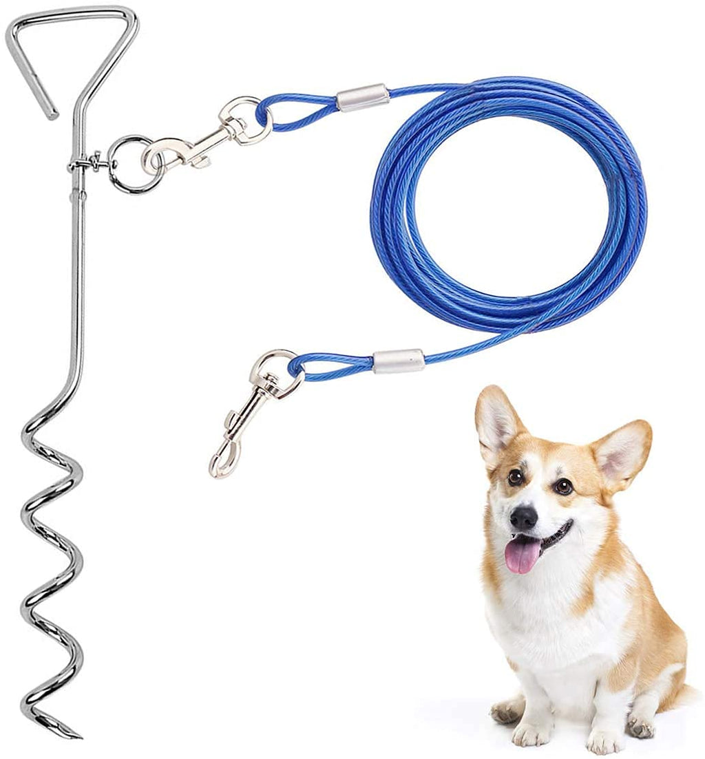 CLKHOWL Dog Stake Tie Out Cable - 16/30" Anti Rust Reflective Stake for Medium Large Dogs Up to 125 lbs, Dog Cable Runner and Metal Hooks for Yard, Camping, or Outdoors 16FT Blue - PawsPlanet Australia