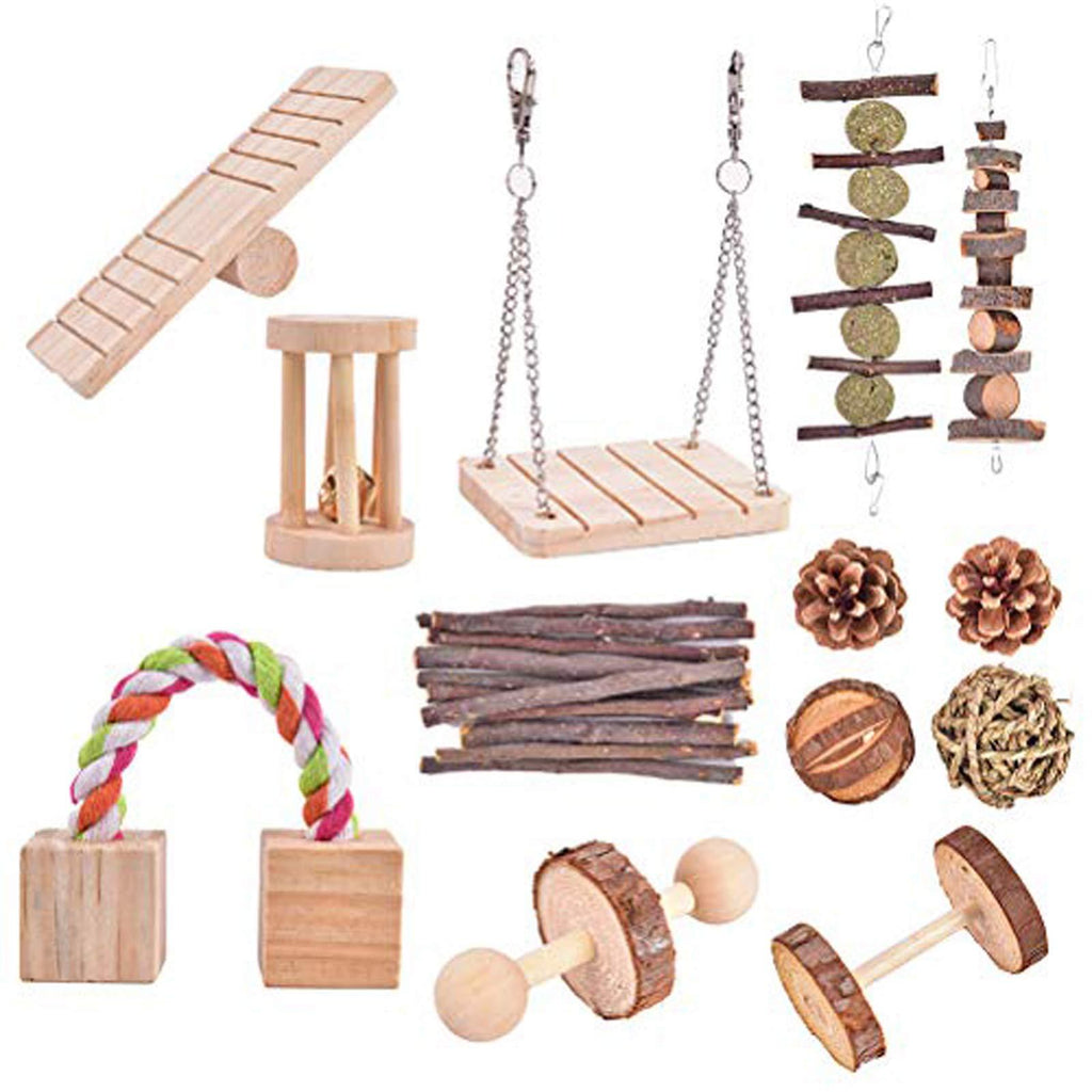 CCCYMM 13 Pcs Pet Natural Wooden Chew Toys Dumbells Exercise Bell Molar Toy for Parrot, Rabbit, Chinchilla, Guinea Pig, Hamster Small Animals - PawsPlanet Australia