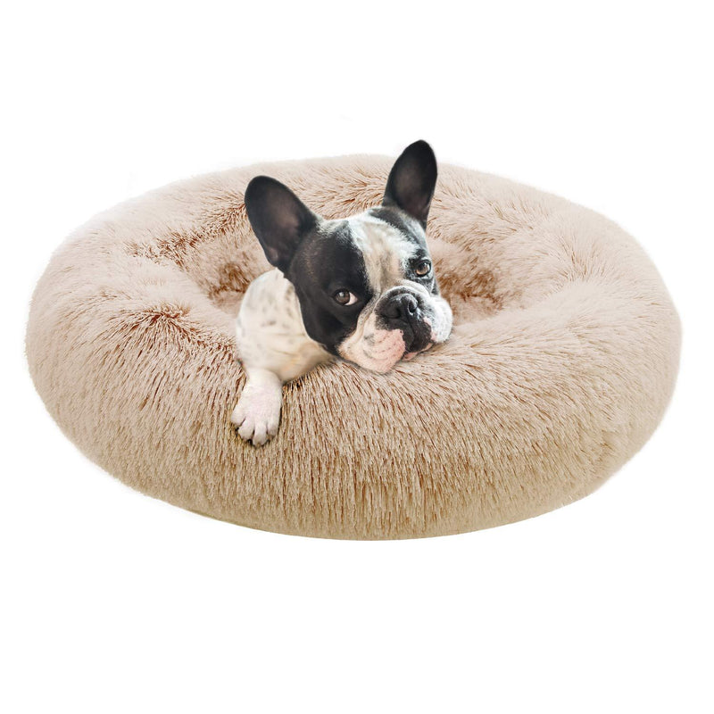 Eterish Fluffy Round Calming Dog Bed Plush Faux Fur, Anxiety Donut Dog Bed for Small Dogs and Cats, Pet Cat Bed with Raised Rim, Machine Washable, 23 inches Brown - PawsPlanet Australia