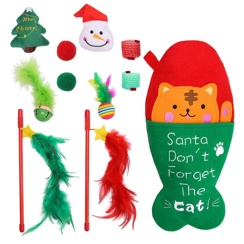 [Australia] - BINGPET Christmas Cat Stocking Toys - 10 Pcs Cat Feather Mice Catnip Toys Set with Interactive Wand for Kitty Kitten Variety Pack 