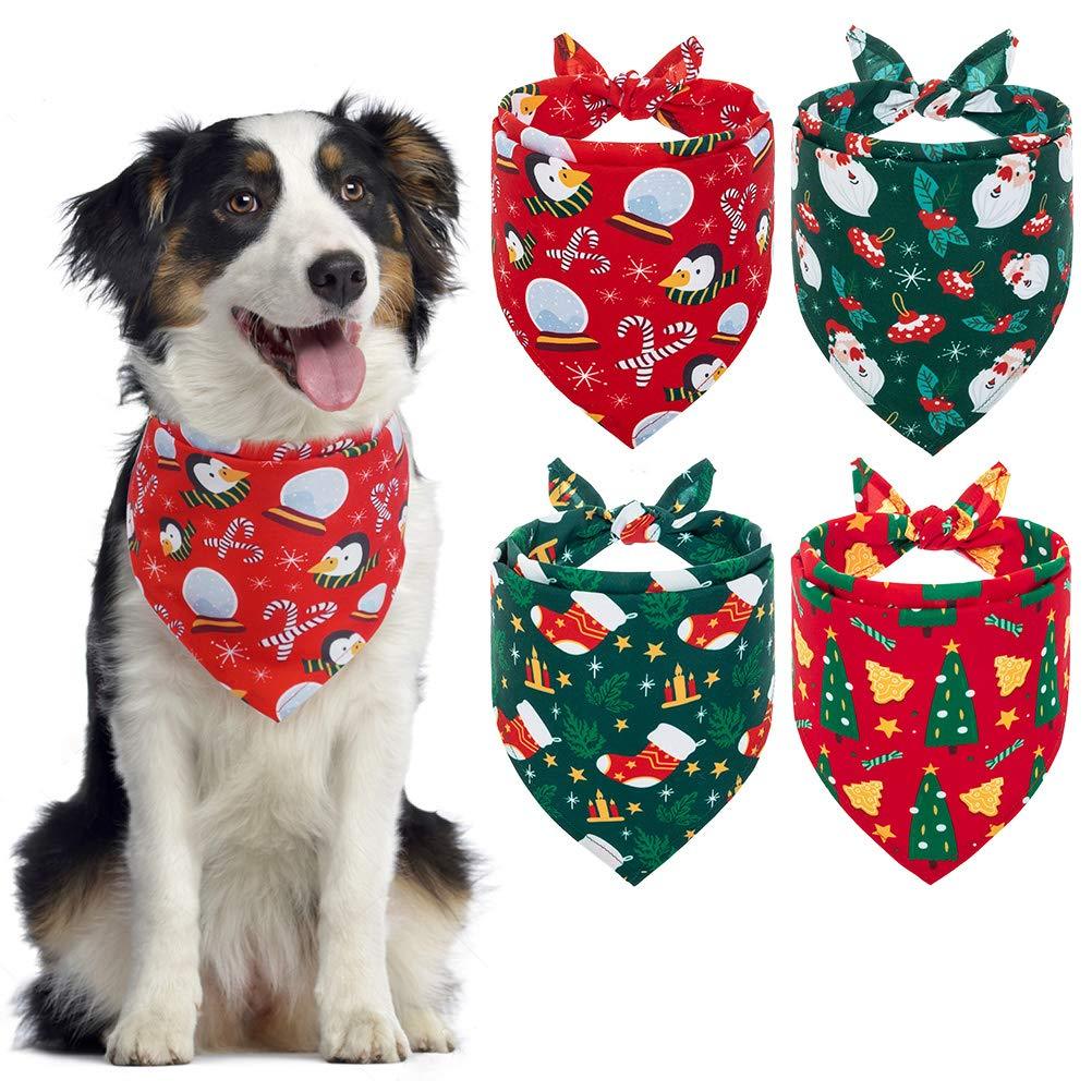 [Australia] - PUPTECK Christmas Dog Bandanas - Soft 4pcs Pet Triangle Bibs Scarf, Pet Accessories Handkerchief for Dog Cat with Penguin Santa Claus Christmas Pattern 2 Green & 2 Red 