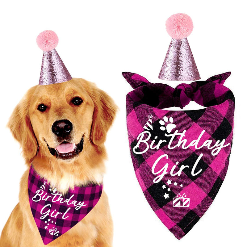 family Kitchen Classic Pink Plaid Pet Puppy Dog Bandana with Dog Birthday Party Hat Accessories, Girl Dog Birthday Bandana Scarf Bibs for Pet Birthday Outfit Party Supplies Set - PawsPlanet Australia