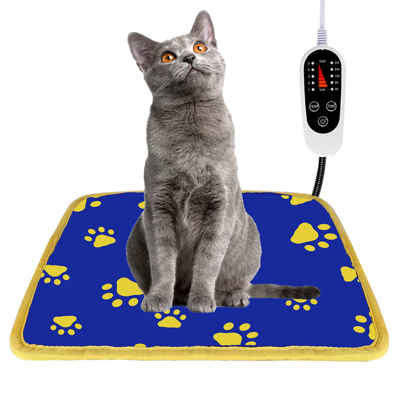 Pet Heating Pad, Waterproof Dog Heating Pad Mat for Cat with 5 Level Timer and Temperature, Pet Heated Warming Pad with Durable Anti-Bite Tube Indoor for Puppy Dog Cat (Blue Paw, 18" X 18") - PawsPlanet Australia