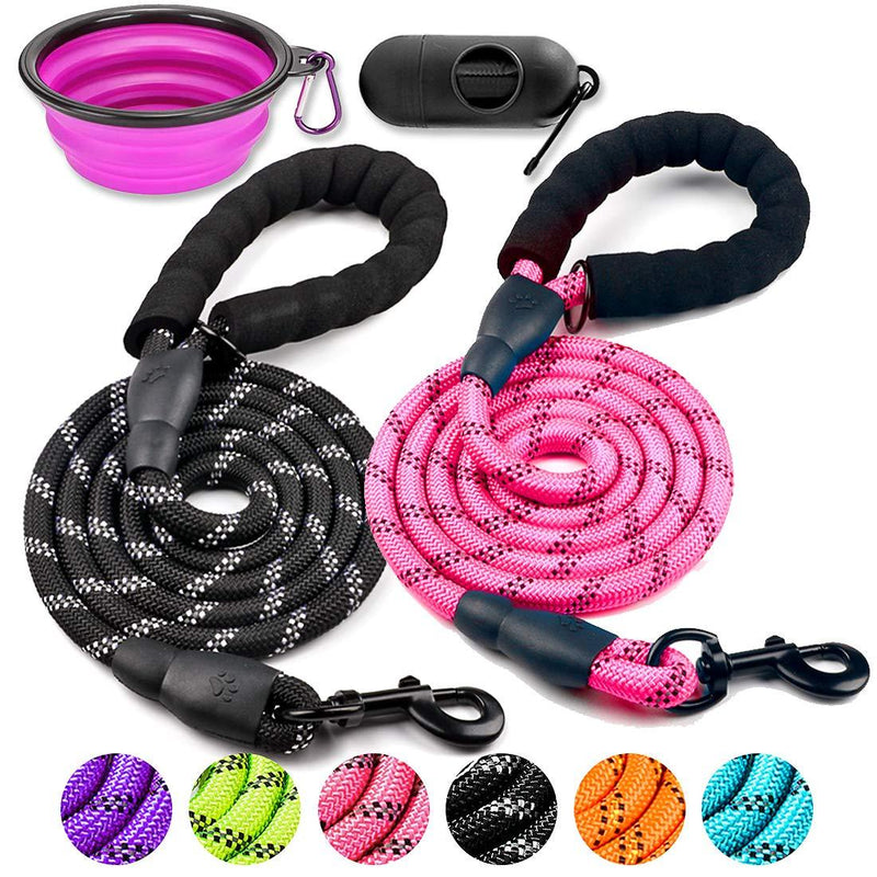 COOYOO 2 Pack Dog Leash 5 FT Heavy Duty - Comfortable Padded Handle - Reflective Dog Leash for Medium Large Dogs with Collapsible Pet Bowl 0.3in. x 5ft.(for dogs weight 0-18lbs.) Set 1-Black+Pink - PawsPlanet Australia