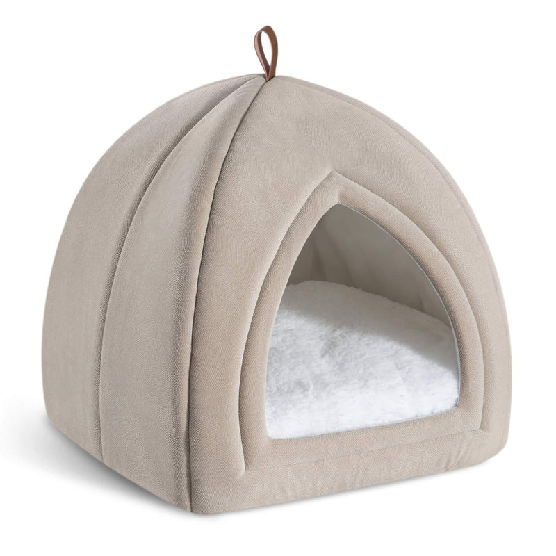 Bedsure Cet Tent Cave Bed for Cats Small Dogs - 15/19 inches 2-in-1 Cat Tent Kitty Bed Cat Hut with Removable Washable Cushioned Pillow, Microfiber Indoor Outdoor Pet Beds S(15x15x15) Beige - PawsPlanet Australia