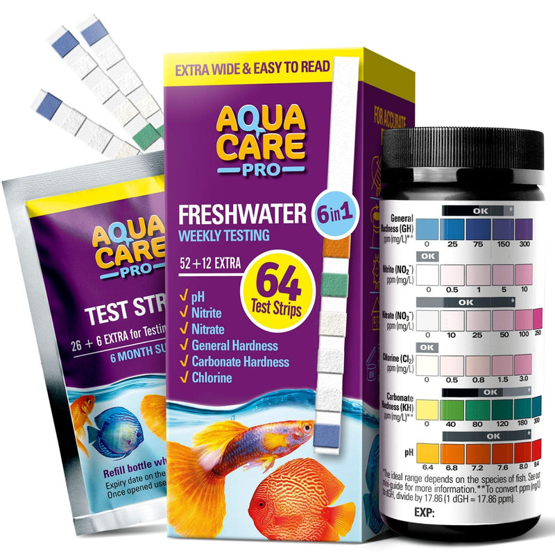 AQUA CARE PRO Freshwater Aquarium Test Strips 6 in 1 - Fish Tank Test Kit for Testing pH Nitrite Nitrate Chlorine General & Carbonate Hardness (GH & KH) - Easy to Read Wide Strips 64 Count - PawsPlanet Australia