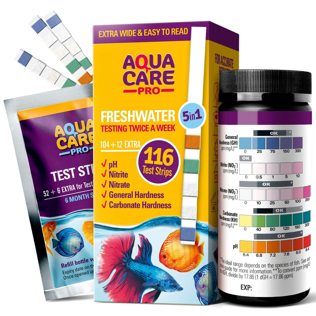 Freshwater Aquarium Test Strips 5 in 1 - Pond or Fish Tank Test Kit for Testing pH Nitrite Nitrate General & Carbonate Hardness (GH & KH) - Easy to Read Wide Strips & Full Water Testing Guide, 116 Ct - PawsPlanet Australia
