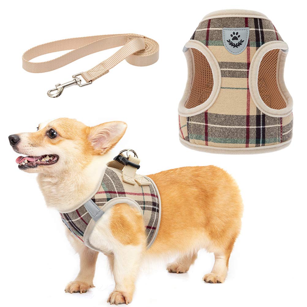 Soft Mesh Plaid Puppy Harness - Small Dog Harness and Leash Set, Adjustable & Comfortable Padded Reflective Vest for Puppies and Small Breeds Dogs Walking X-Small (Pack of 1) Beige - PawsPlanet Australia