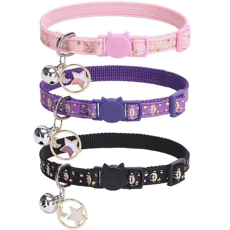 [Australia] - PUPTECK Breakaway Cat Collar with Bell 3 Pack - Charming Luminous Safe Adjustable Moon Pattern Kitten Collars with Star Pendant, Glow in The Dark 