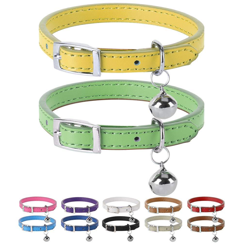 PUPTECK Leather Cat Collars with Bells - 2 Pack Soft Padded Pet Safety Collar for Kitten Puppy Small Dogs Cats XS Yellow+Green - PawsPlanet Australia