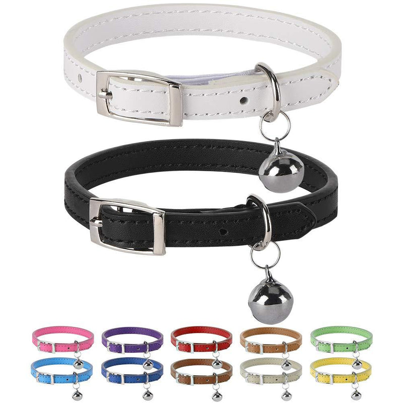 [Australia] - PUPTECK Leather Cat Collars with Bells - 2 Pack Soft Padded Pet Safety Collar for Kitten Puppy Small Dogs Cats XS Black+White 