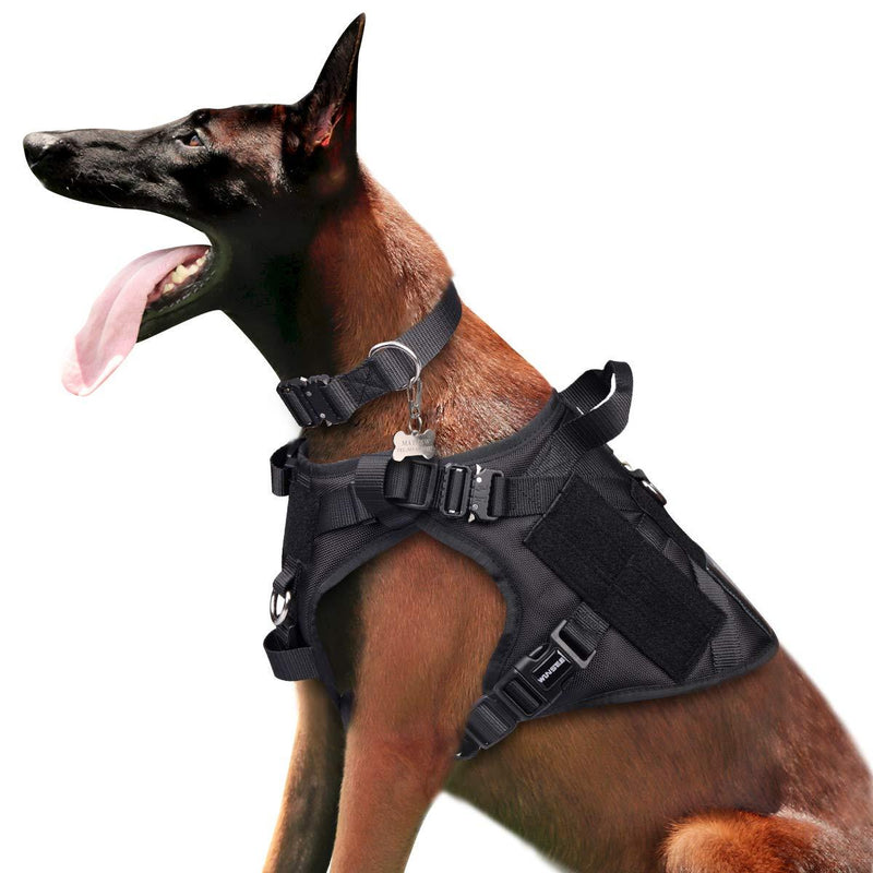 [Australia] - WINSEE Tactical Dog Harness Large with 2X Metal Buckles, Working Dog MOLLE Vest with Handle & Loop Panels, No Pull Adjustable Training Pet Harness with Leash Clips for Walking Hiking Hunting L+Collar Black 