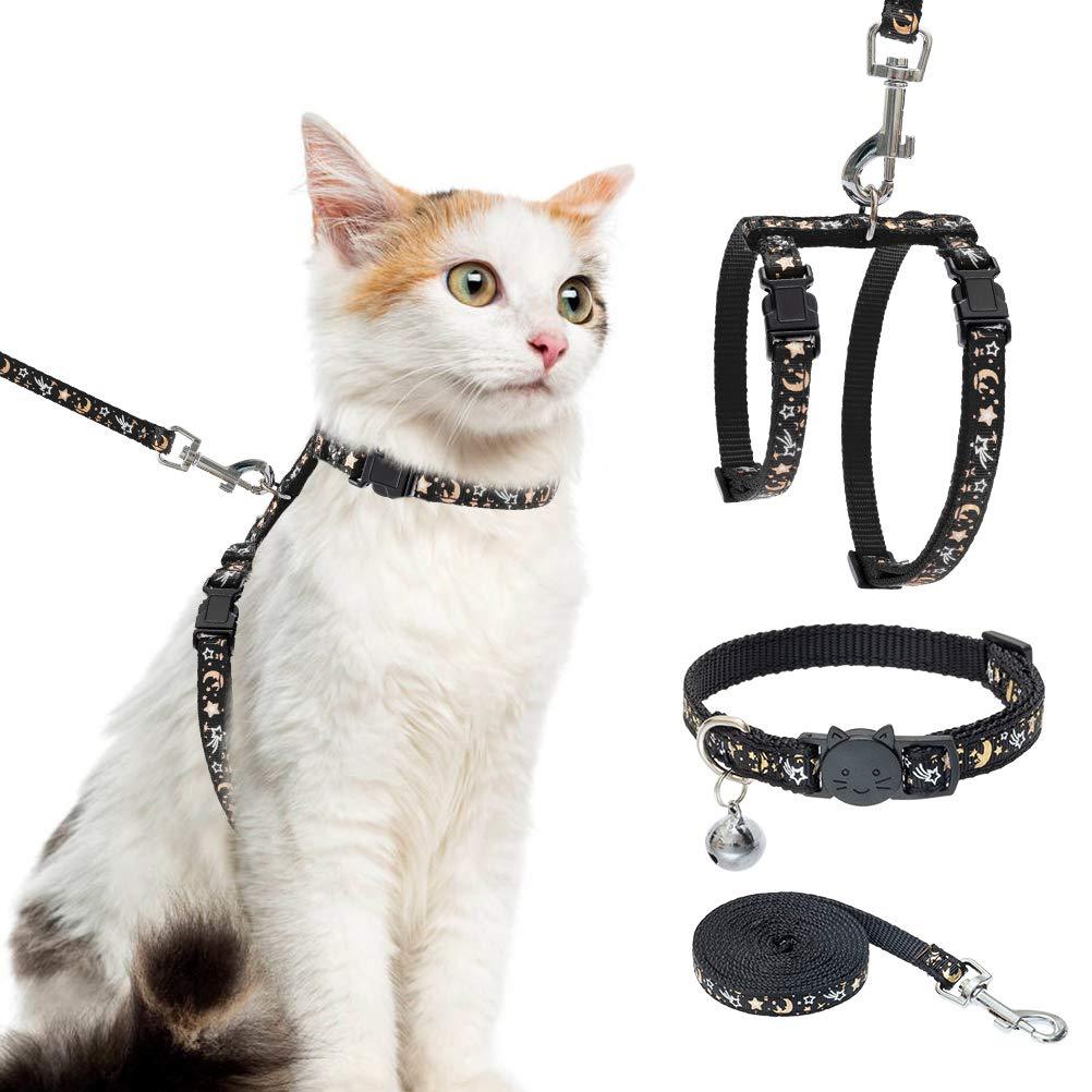 Cat Harness with Leash and Collar Set - Escape Proof Adjustable H-shped Cat Harness with Star and Moon Pattern Glow in The Dark for Kitty Outdoor Walking Black - PawsPlanet Australia