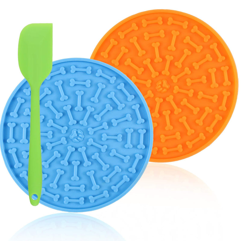 [Australia] - Newthinking 2 Pack Dog Lick Mats, Dog Silicone Shower Slow Feeder Mat with Suction Cups for Pet Bathing and Dog Training, Includes Silicone Spatula Blue&Orange 