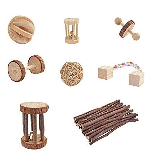 Hamster Chew Toys Set 8 Pack Natural Wooden Pet Toy Accessories Small Teeth Care Molar Toy Seesaw Dumbbells Exercise Bell Roller Swing Bucket For Guinea Pig Chinchilla Hamster Parrot Bunny - PawsPlanet Australia