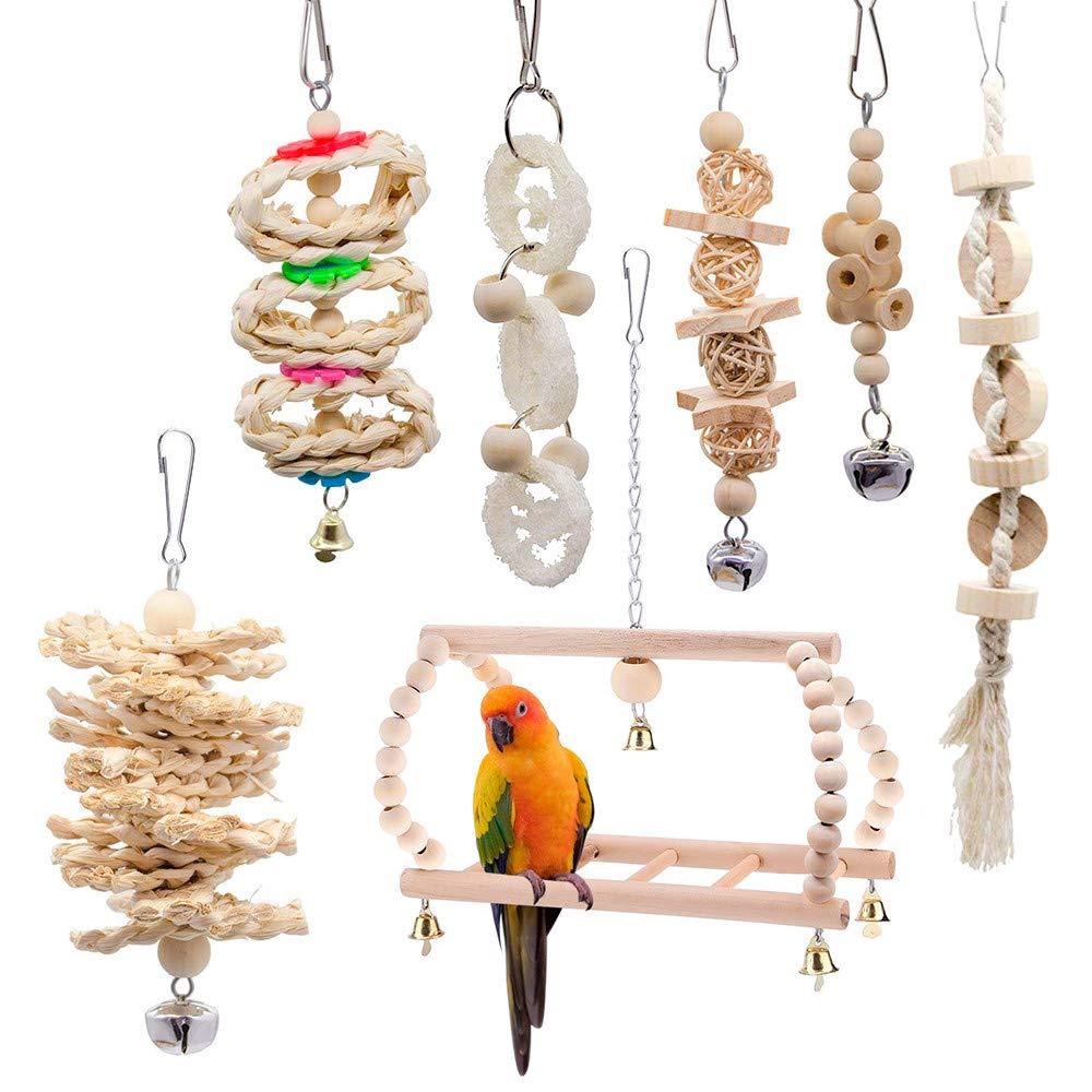 Global-store 7 Packs Bird Toys, Wooden Hanging Bird Cage Toys Climbing Stand Ladder Bird Toys for Parakeets, Conures, Cockatiels, Lovebirds, Parrots, Macaws, Finches, Budgie, Small, Medium Birds - PawsPlanet Australia