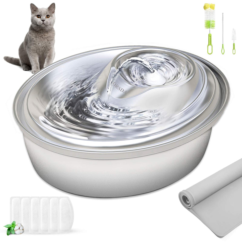 ORSDA Cat Water Fountain Stainless Steel, 67oz/2L Pet Fountain Dog Water Dispenser, Ultra-Quiet Automatic Cat Drinking Fountains with 6 Replacement Filters & 1 Silicone Mat for Cats, Small Dogs - PawsPlanet Australia